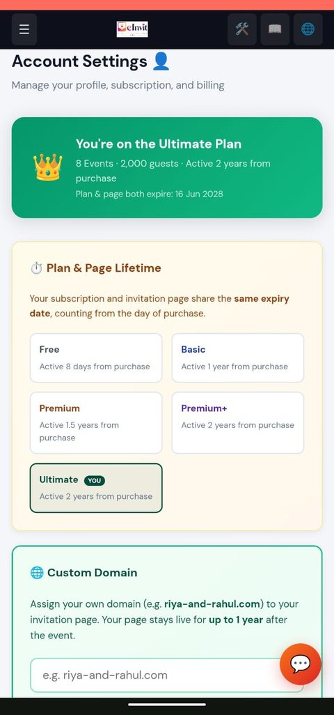 eInvit admin dashboard — Account & Plans