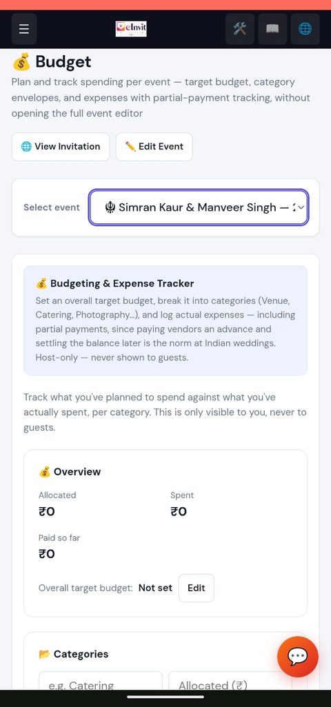eInvit admin dashboard — Budget Tracker