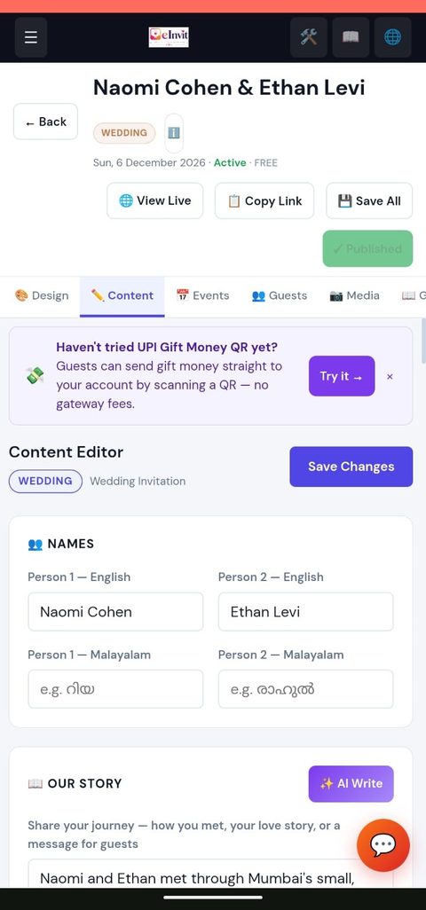 eInvit admin dashboard — Content Editor