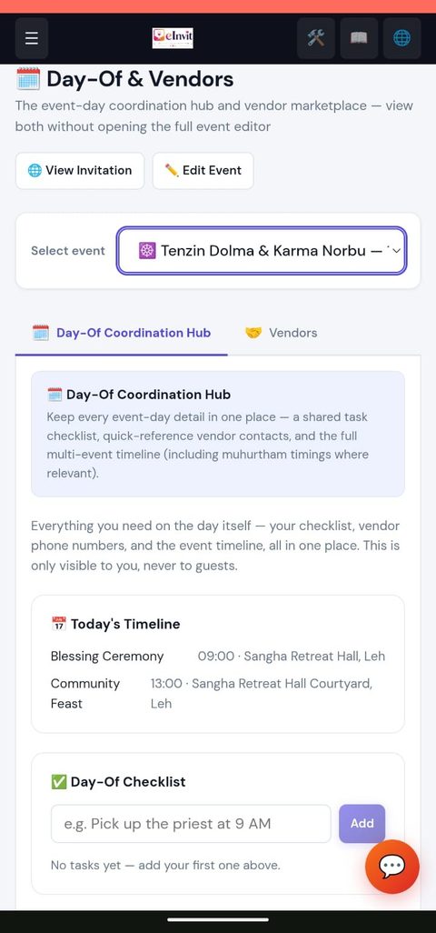 eInvit admin dashboard — Day-Of & Vendors
