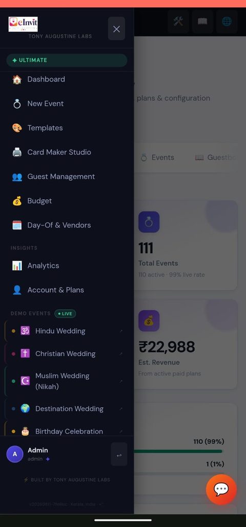 eInvit admin dashboard — Dashboard Navigation